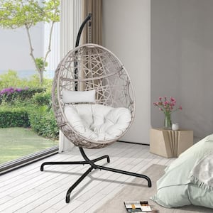 Wicker Patio Outdoor Egg Hanging Hammock Chair with Stand and Beige Cushion