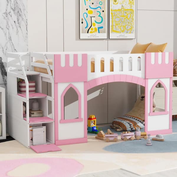Qualler Pink and White Twin Size Loft Bed with Storage Staircase