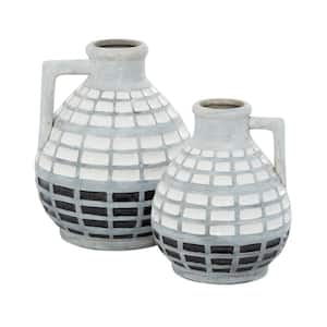 8 in., 7 in. Gray Handmade Ceramic Decorative Vase with Grid Pattern (Set of 2)