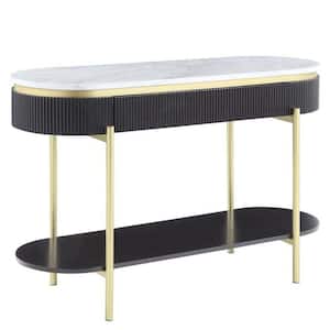 16 in. White, Dark Brown and Gold Oval Marble Top Console Table with 1 Drawer and Open Shelf