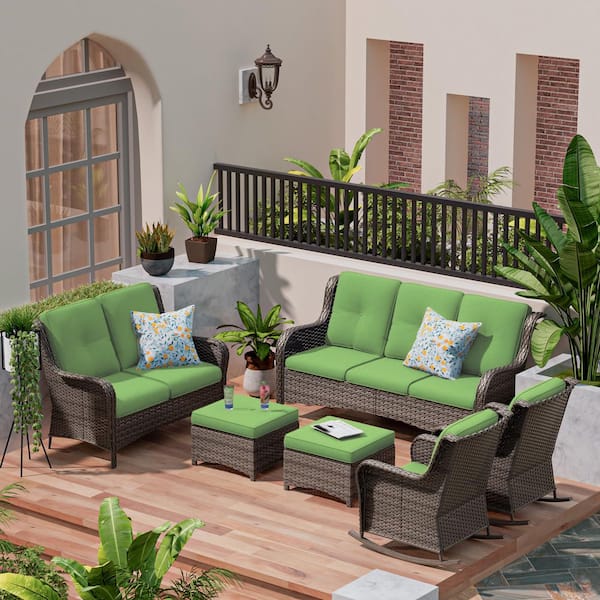 MeetLeisure Brown 6-Piece Wicker Outdoor Patio Conversation Set with Green Cushions and Rocking Chairs