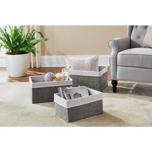 Rectangular Woven Rope Gray Lined Storage Baskets (Set of 3)