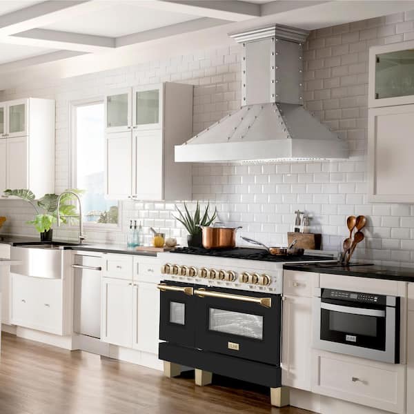 Autograph 48 in. Legacy Dual Fuel Range with 7 Burners and 2 Ovens in Satin Steel with Black and Gold Accents