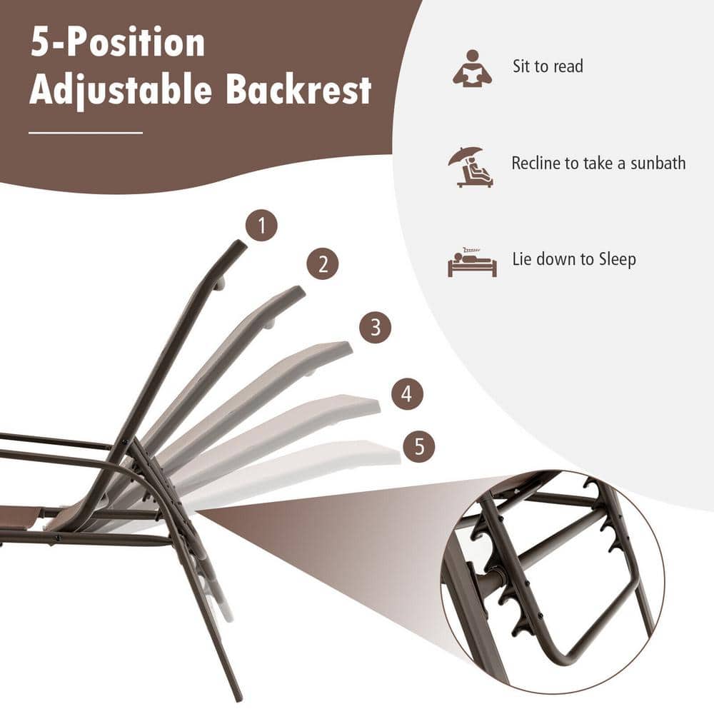 Brown Steel Adjustable Outdoor Chaise Lounge Set with Arms