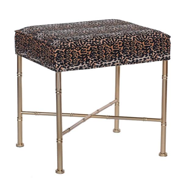 StyleCraft Dann Foley Bamboo Stool 4 in. Brown and Black Leopard, Gold Metal Upholstered Stool with Linen Seat