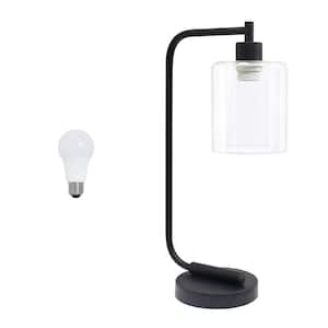 18.8 in. Modern Iron Desk Lamp with Cylindrical Clear Glass Shade, with LED Bulb Included, Black