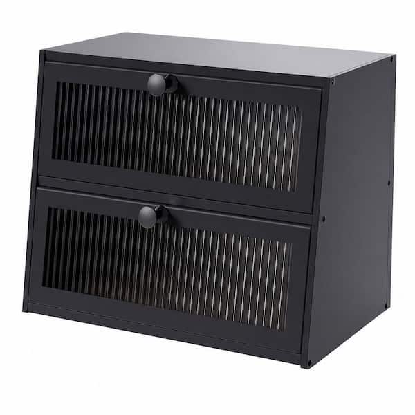 1-Piece Extra Large 2-Layer Black Wooden Farmhouse Bread Box with Acrylic Window for Kitchen Countertop Storage Set