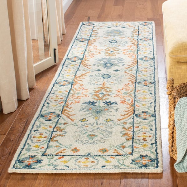 Aspen 2 ft. x 15 ft. Ivory/Blue Border Floral Geometric Runner Rug