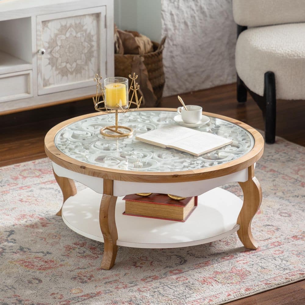 Carter 31.50 in. Natural Wood Round MDF Tempered Glass Coffee Table with Curved Legs