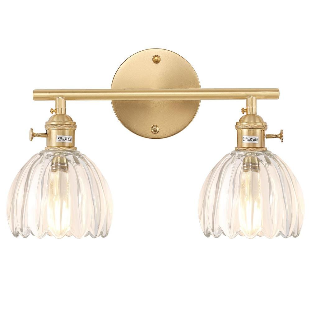 Vintage 4.72 in. 2 Light Brass Bathroom Vanity Light in Clear Tulip ...