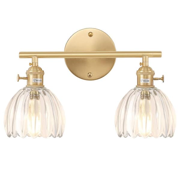 Unbranded Vintage 4.72 in. 2 Light Brass Bathroom Vanity Light in Clear Tulip Glass Shade