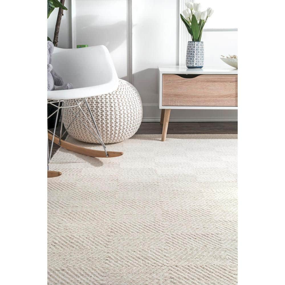 Cream Geometric Tufted Wool Area Rug, 5' x 8'