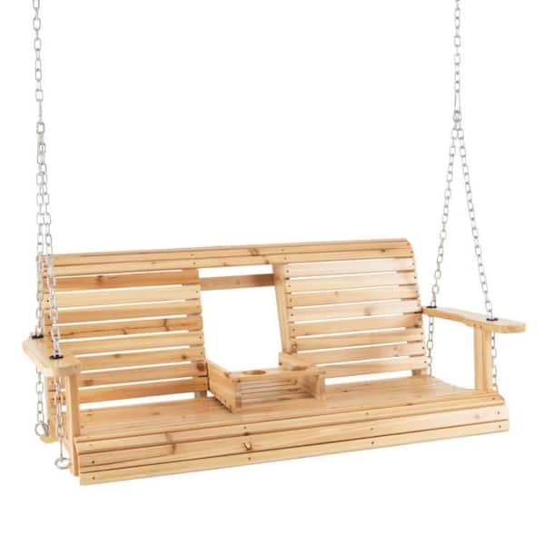 2-Person Wood Hanging Porch Swing Chair Hanging Chains with Adjustable Chains and Foldable Cup Holders