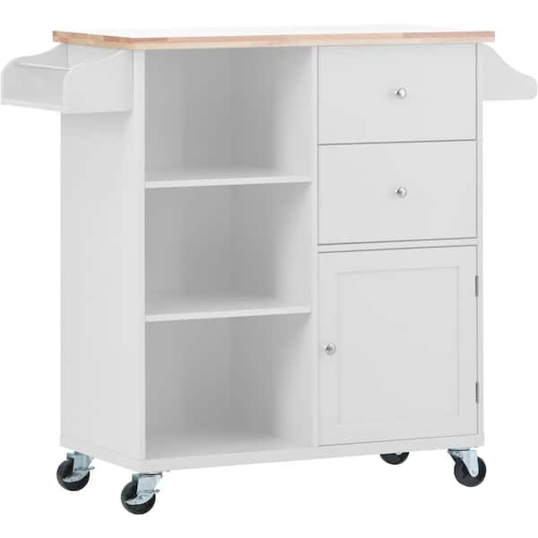 Zeus & Ruta Rolling Pantry White Wood Kitchen Cart with 2-Drawers and 3 Open Shelves (41 in. W)