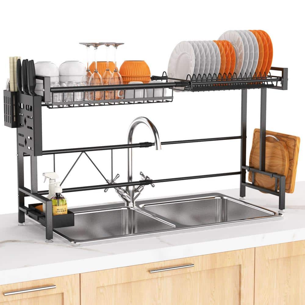 Aoibox Single Tier Aluminum Expandable Drying Dish Rack with Drainboard and Rotatable Drainage Spout in Dark Gray
