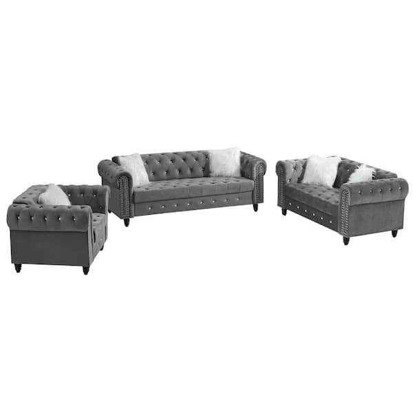 Z-joyee 85 in. Rolled Arm Velvet Chesterfield Straight 1-Plus 2-Plus 3-Seat Sofa with Pillows in Gray