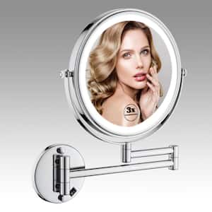 13.5 in. x 8 in. Double-Sided Magnifying Retractable Mirror Wall-Mount LED Makeup Bathroom Makeup Mirror in Chrome
