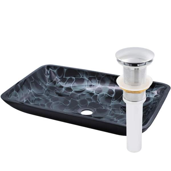 Novatto Cellule Hand Painted Black and Silver Glass Rectangle Vessel Sink with Drain in Chrome