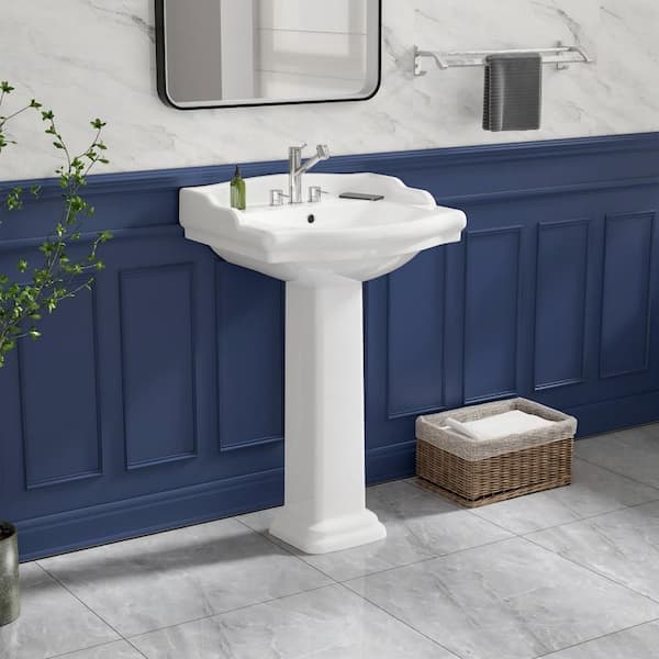 23 in. W x 18.9 in. D Pedestal Bathroom Sink Combo White Rectangular Vitreous China Sink w/ Overflow and 3 Faucet Holes