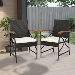 2-Pieces Patio PE Wicker Outdoor Dining Chairs with Soft Zippered Off White Cushions Armchairs Balcony