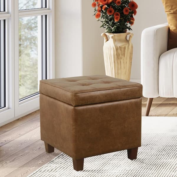 Distressed Brown Faux Leather Tufted Square Storage Ottoman with Hinged Lid