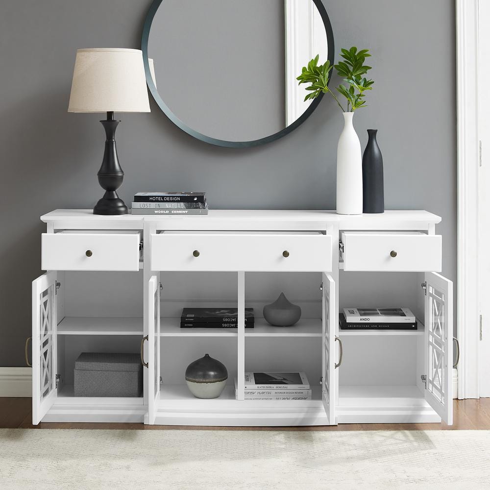 White 60-Inch Sideboard with Fretwork Detail and Cabinet
