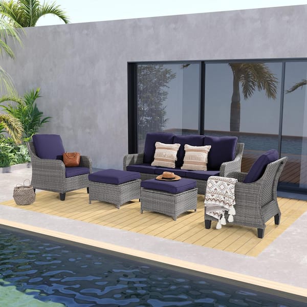 JOYESERY 5-Piece Gray Wicker Outdoor Conversation Seating Sofa Set, Navy Blue Cushions with 3-Seater Sofa, Ottomans