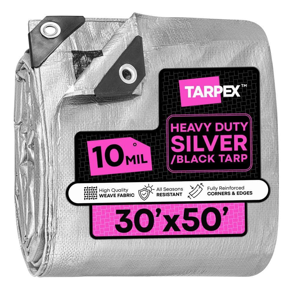 10 Mil Heavy-Duty Poly Tarp 30 ft. x 50 ft. Plastic UV Resistant Multi-Purpose Silver and Black Cover