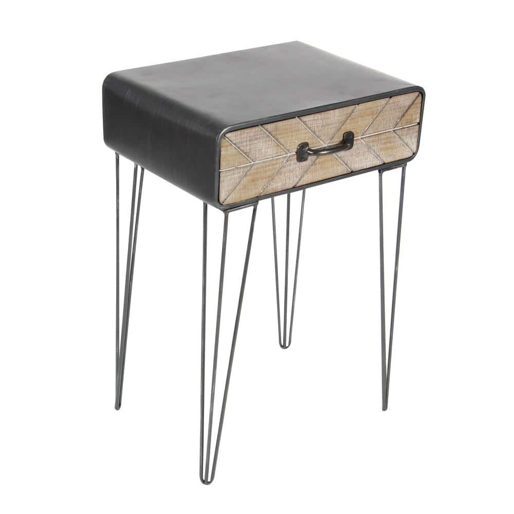 Black and Beige Metal Wood Accent Table with Drawer