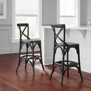 Mavery Black Cross Back Wood Counter Stool with Woven Rattan Seat