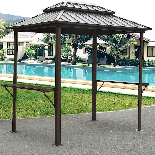 8 ft. x 6 ft. Outdoor Brown Double Canopy Hardtop Roof Aluminum Frame Gazebo with Shelves Serving Tables, for Patio BBQ