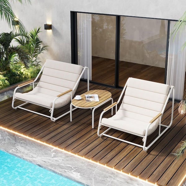 Unbranded White 3-Piece Metal Patio Conversation Set with Side Table and Beige Cushions