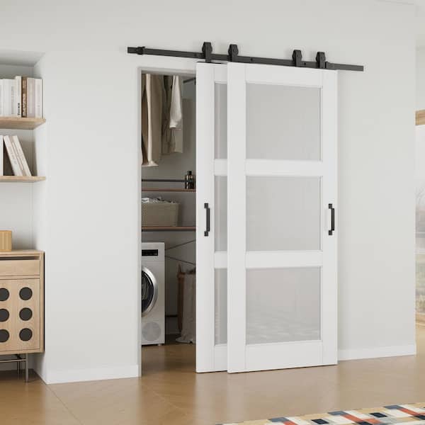 EH PUERTA 56 in. x 80 in. (Double 32 in. ) 3-Lite Frosted Glass White Primed MDF Sliding Barn Door with Hardware Kit Bypass