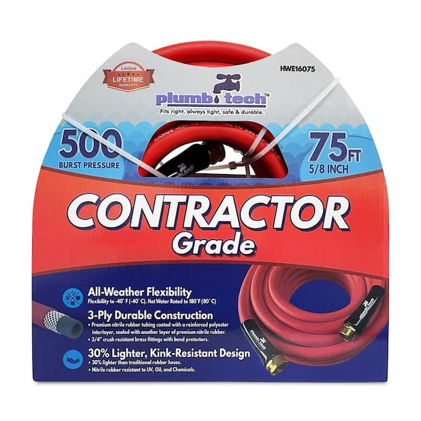 plumb tech Fits right, always tight, safe & durable. 5/8 in dia. x 75 ft. Premium Red Nitrile Rubber Multi-Purpose Hot/Cold Water Hose: Contractor Grade, BP 500-Piece