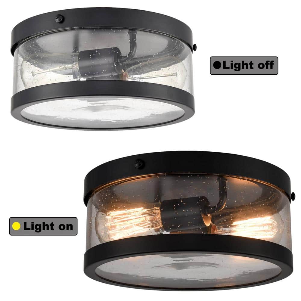 Matte Black Farmhouse Drum Flush Mount with Seeded Glass Shade