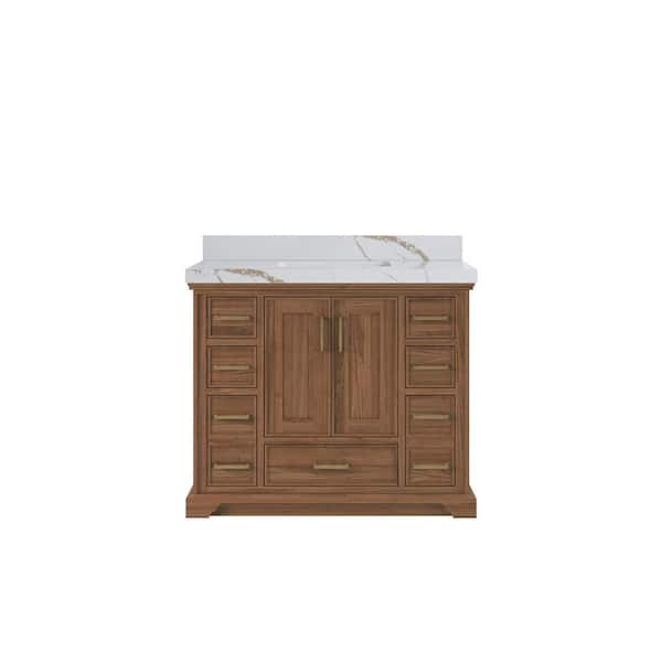 Willow Collections Charlotte Teak 42 in. W x 22 in. D x 36 in. H Single Sink Bath Vanity in Dark Natural with 2 in. Calacatta Gold Qt. Top