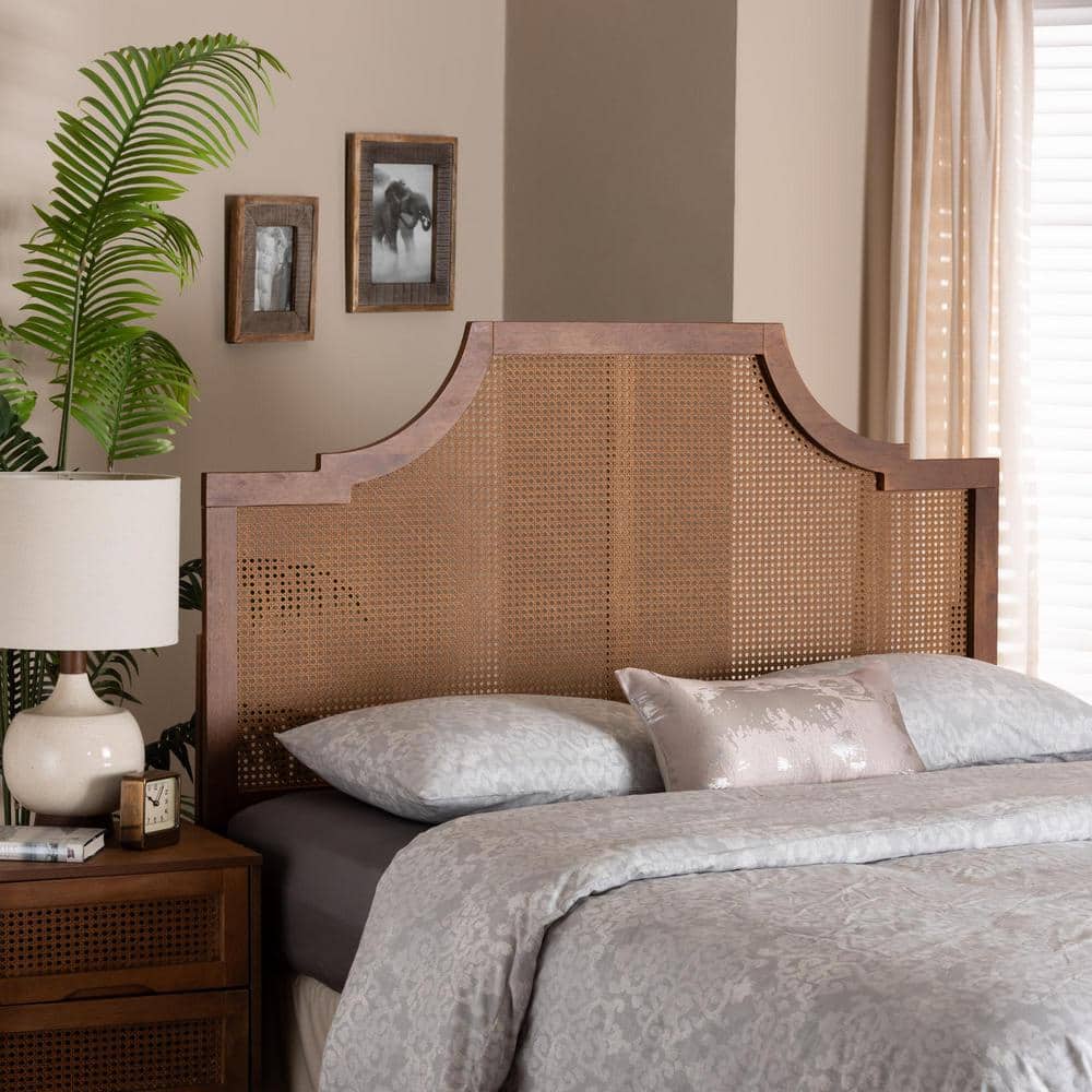 Walnut Brown Wood and Rattan Queen Headboard with Storage
