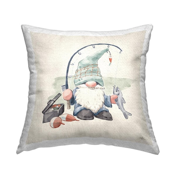 Stupell Industries Gnome Fishing Pole Summer Watercolor Beach Theme Beige Square Outdoor Throw Pillow