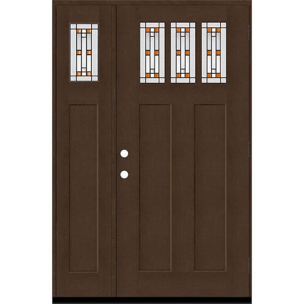 Steves & Sons Regency 53 in. x 80 in. 3Lite Amberton Deco Glass LHOS Hickory Stain Fir Grain Fiberglass Prehung Front Door w/14in.SL