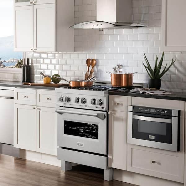 30 in. Legacy Dual Fuel Range with 4 Burner Gas Cooktop and Electric Convection Oven in Satin Stainless Steel
