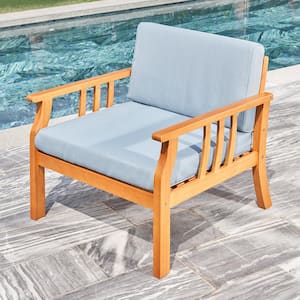 Nautical Curve Eucalyptus Wooden Outdoor Sofa Chair with Blue Cushion (1-Pack)