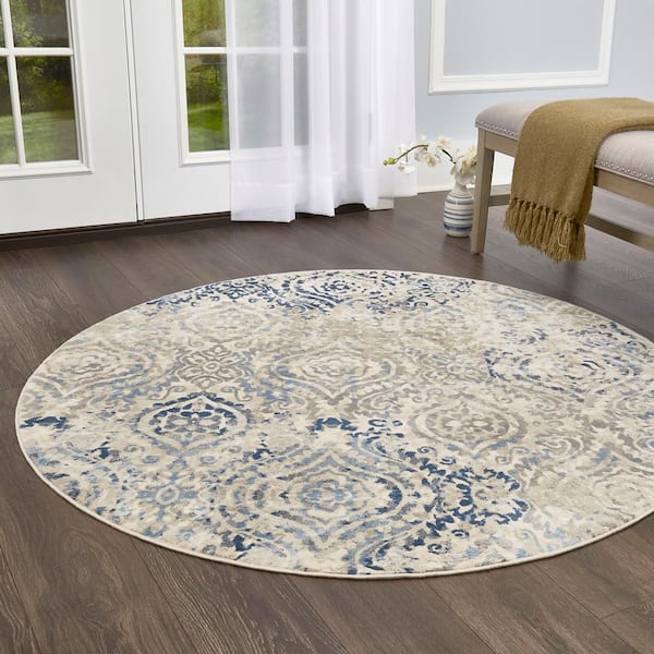 Melrose Audrey Ivory/Blue 6 ft. Round Medallion Area Rug