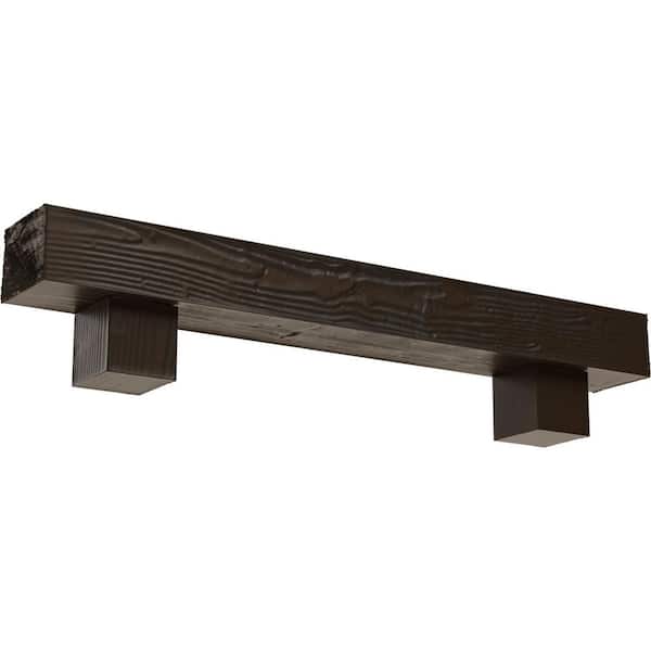 Ekena Millwork 8 in. x 12 in. x 6 ft. Sandblasted Faux Wood Fireplace Mantel Kit, Alamo Corbels, Burnished Mahogany