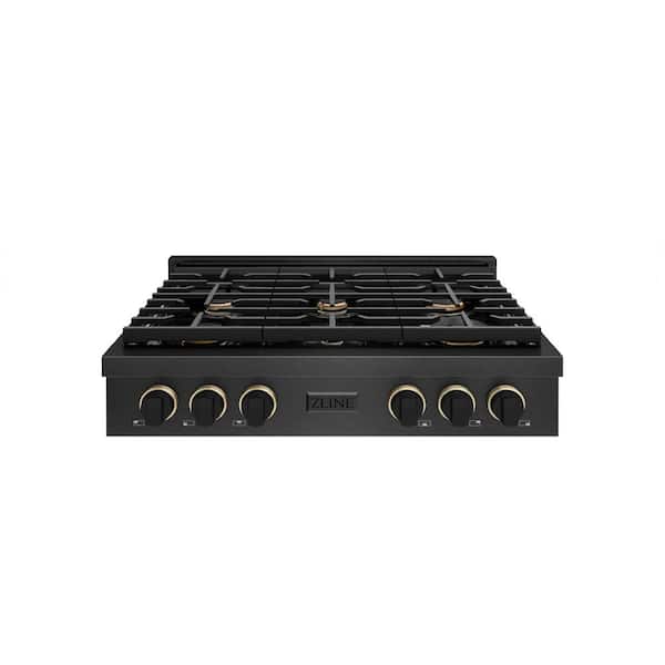 Designer 36 in. Paramount Gas Rangetop with 6 Burners in Black Satin with Matte Black and Champagne Accents