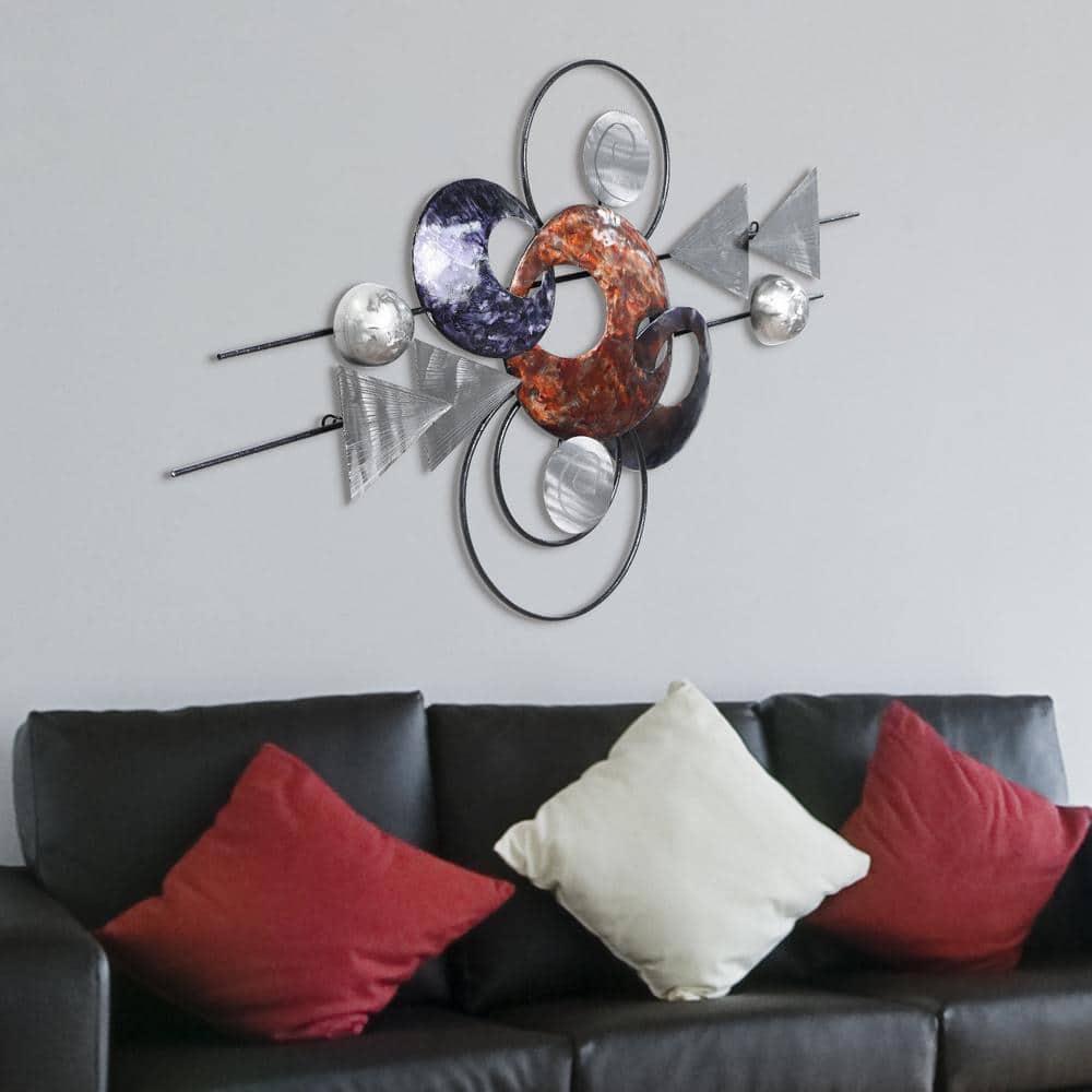 Hand Painted Etched Metal Wall Sculpture with Colorful Discs
