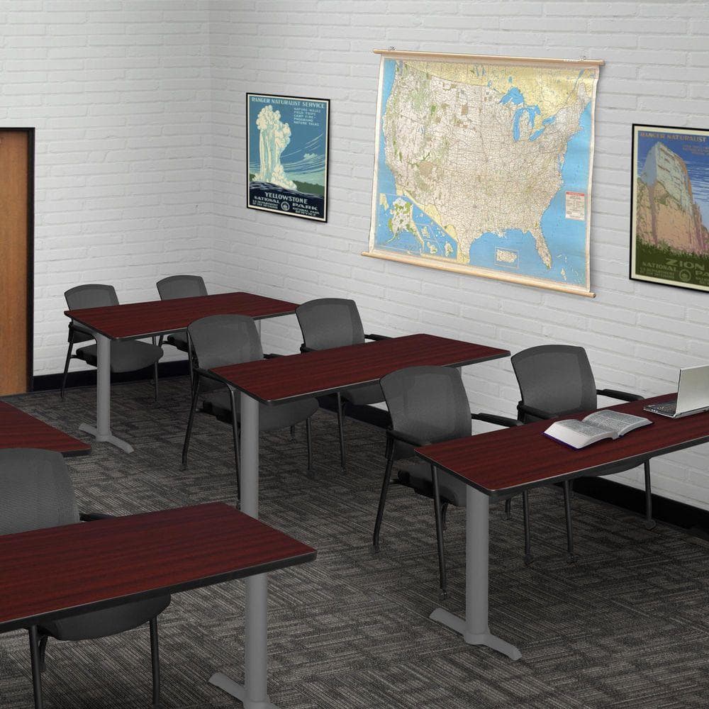 Cain 48 in. x 24 in. Mahogany Table Top T-Base Training Seminar Table Desk, Grey Base and 2 Knight Mesh Chairs