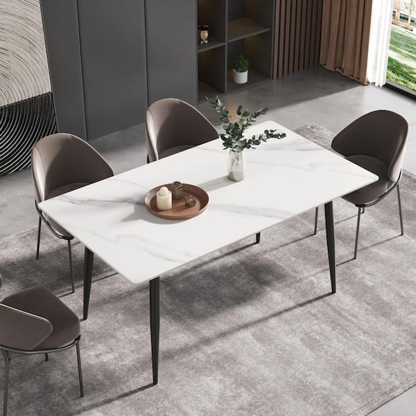 63 in. Rectangle White Sintered Stone Top Black Metal 4 Legs Dining Table (Seats 6)