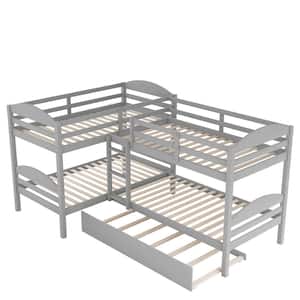 Gray Twin Size L-Shaped Bunk Bed with Trundle, Converted Into 2 L-Shaped Bed, Built-In Ladder and Guardrail, Wood