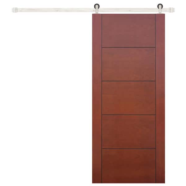 Pacific Entries 36 in. x 84 in. Contemporary Prefinished 5-Panel Flush Mahogany Wood Sliding Barn Door with Satin Nickel Hardware Kit