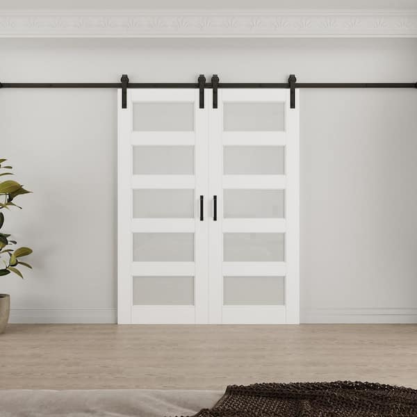 60 in. x 80 in. 5-Lite Tempered Frosted Glass White Primed MDF Composite Sliding Barn Door with Hardware Kit